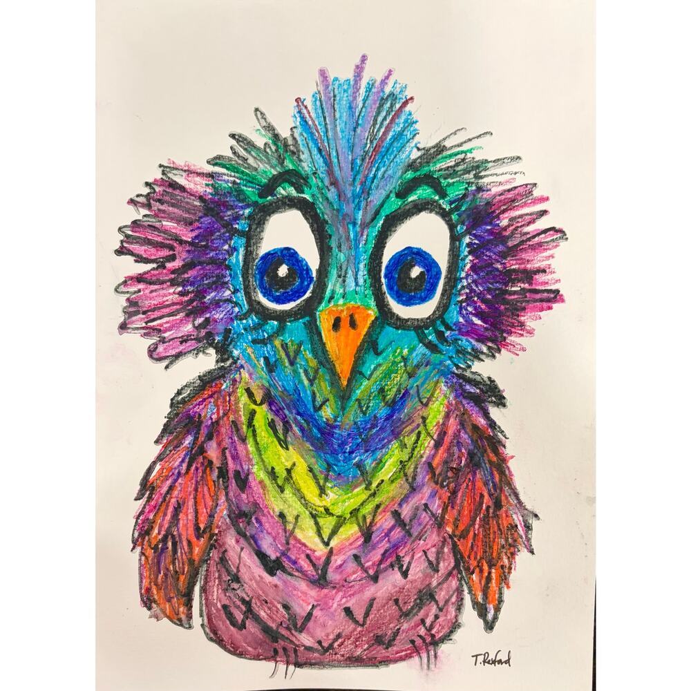 Hand painted watercolor pencil original painting whimsical rainbow bird